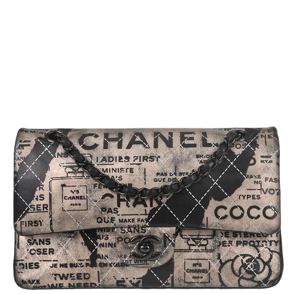 Chanel 2015-2016 Beige Lambskin Limited Newspaper Medium Classic Double Flap Bag
