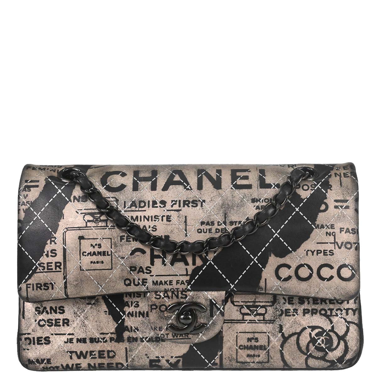 Chanel 2015-2016 Beige Lambskin Limited Newspaper Medium Classic Double Flap Bag