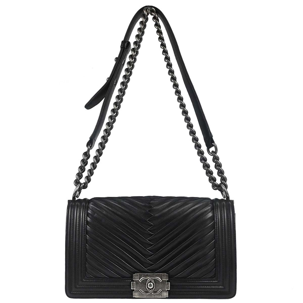 Boy Chanel Black Lambskin Chevron Medium Double Chain Shoulder Bag