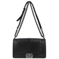 Boy Chanel Black Lambskin Chevron Medium Double Chain Shoulder Bag