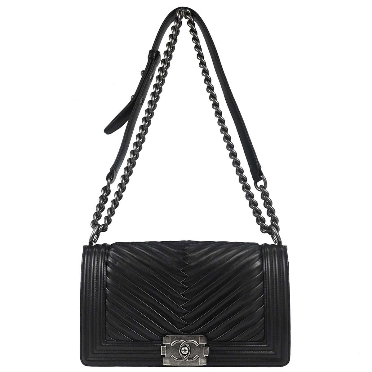 Boy Chanel Black Lambskin Chevron Medium Double Chain Shoulder Bag