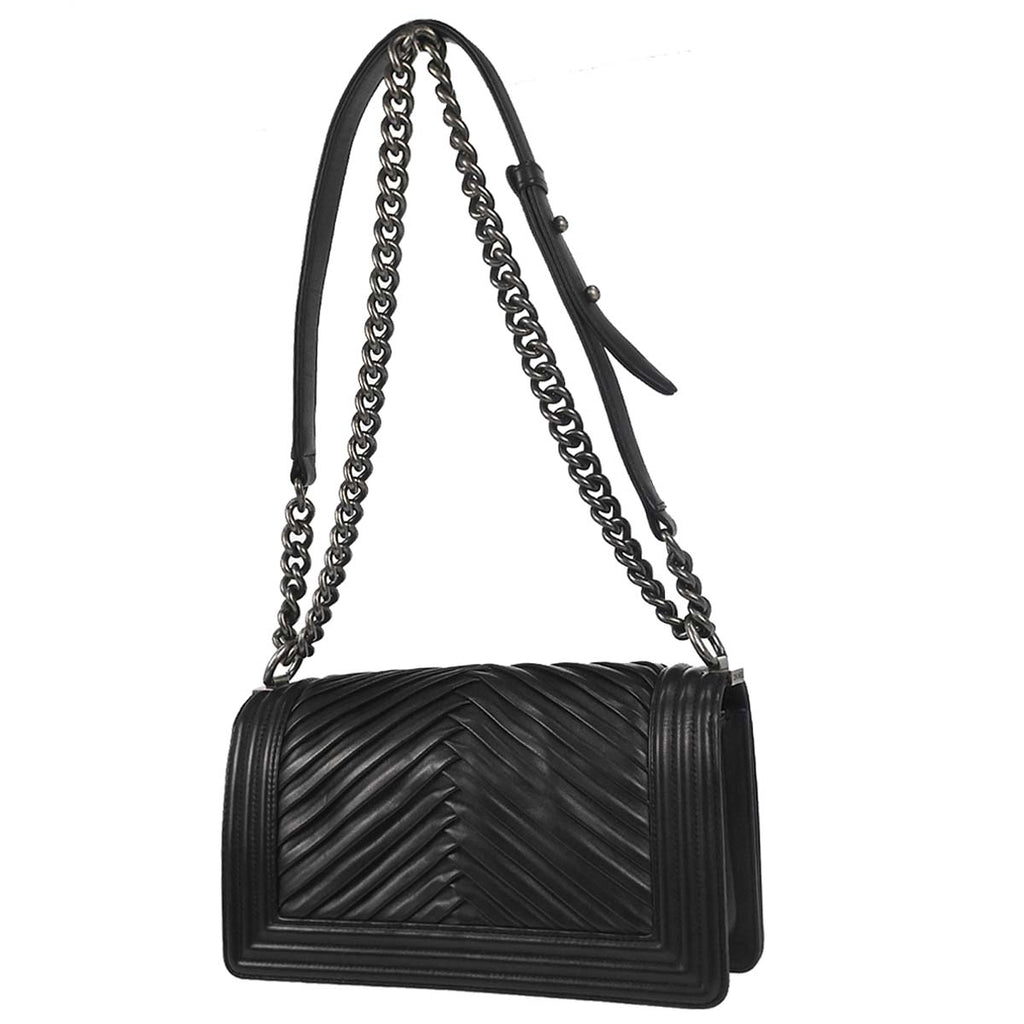 Boy Chanel Black Lambskin Chevron Medium Double Chain Shoulder Bag