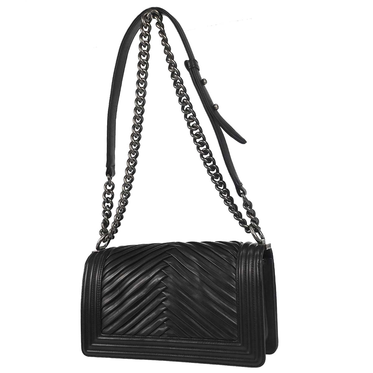 Boy Chanel Black Lambskin Chevron Medium Double Chain Shoulder Bag