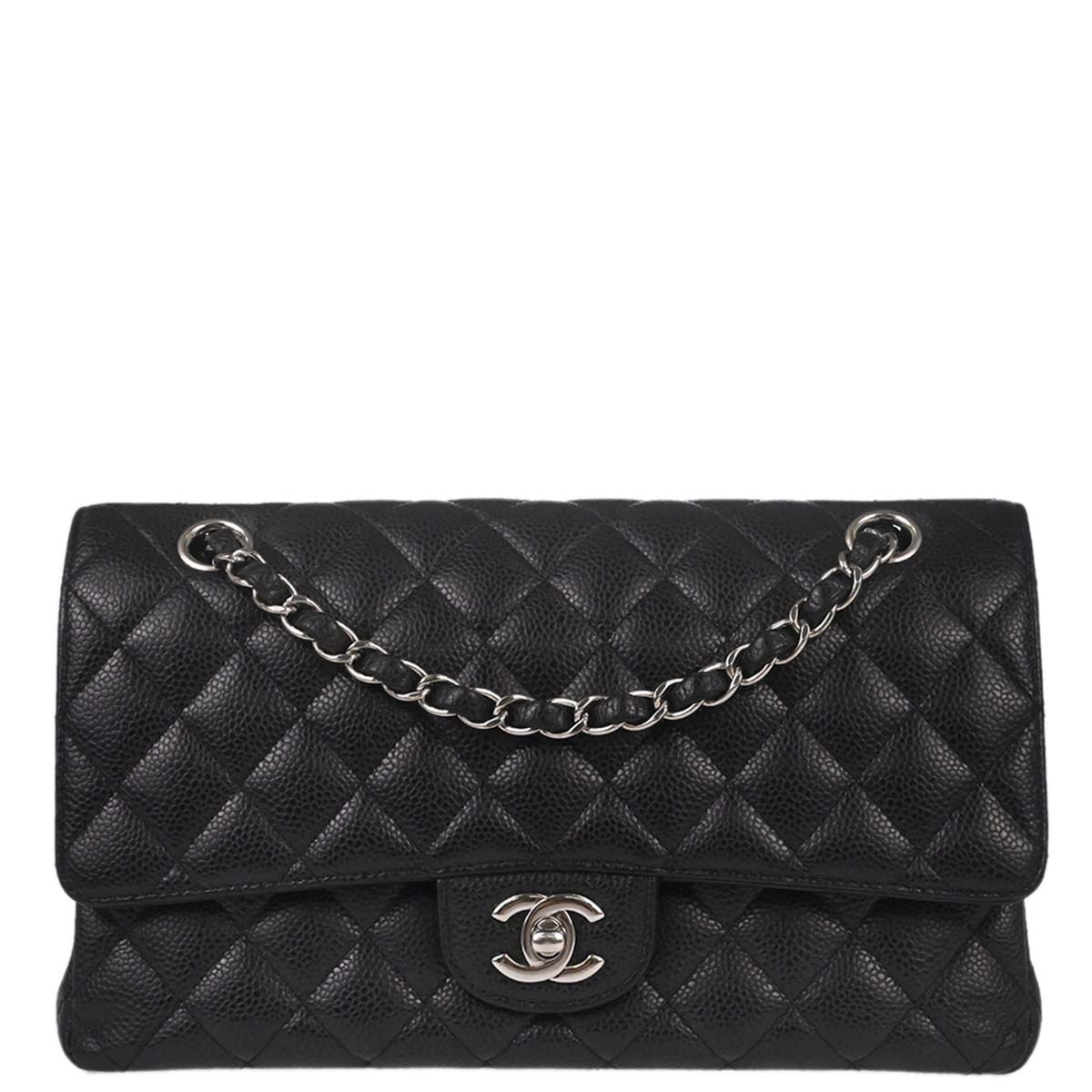 Chanel 2017-2018 Black Caviar Skin Medium Classic Double Flap Shoulder Bag