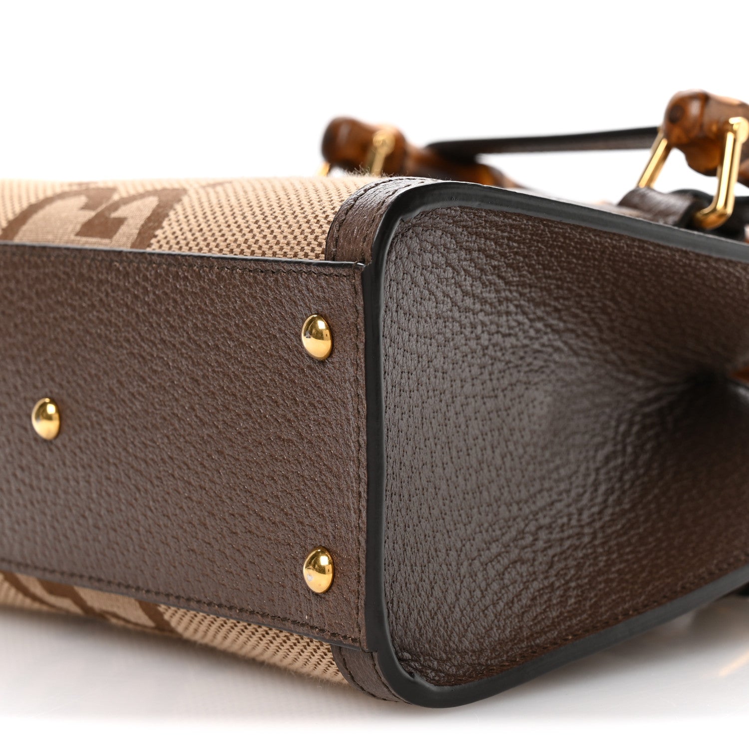 Gucci Monogram Jumbo GG Textured Dollar Calfskin Mini Diana Tote Bag Camel Ebony New Acero