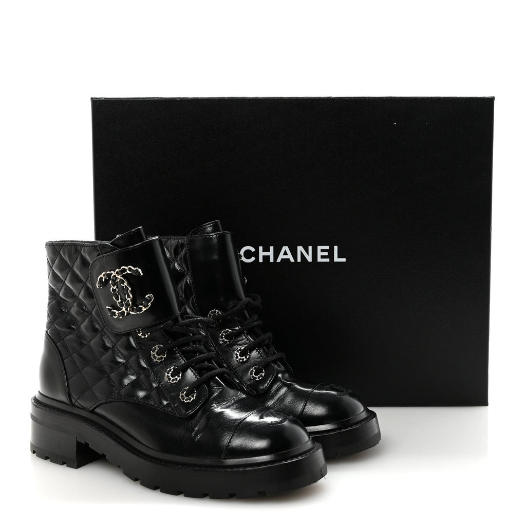 Chanel Shiny Calfskin Quilted Lace Up Combat Boots 37.5 Black