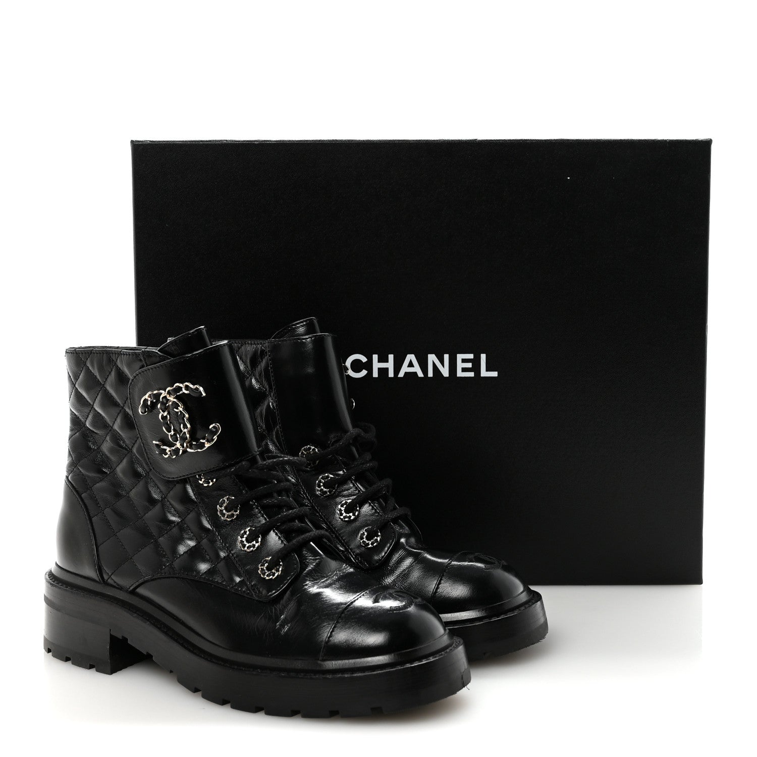 Chanel Shiny Calfskin Quilted Lace Up Combat Boots 37.5 Black
