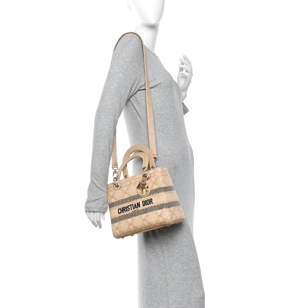 Christian Dior Raffia Woven Cannage Embroidered Medium Lady D-Lite Natural Black