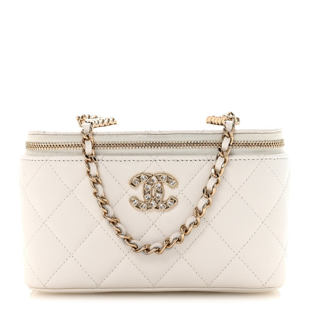 Chanel Caviar Quilted Crystal Hearts Small Vanity Case With Chain White