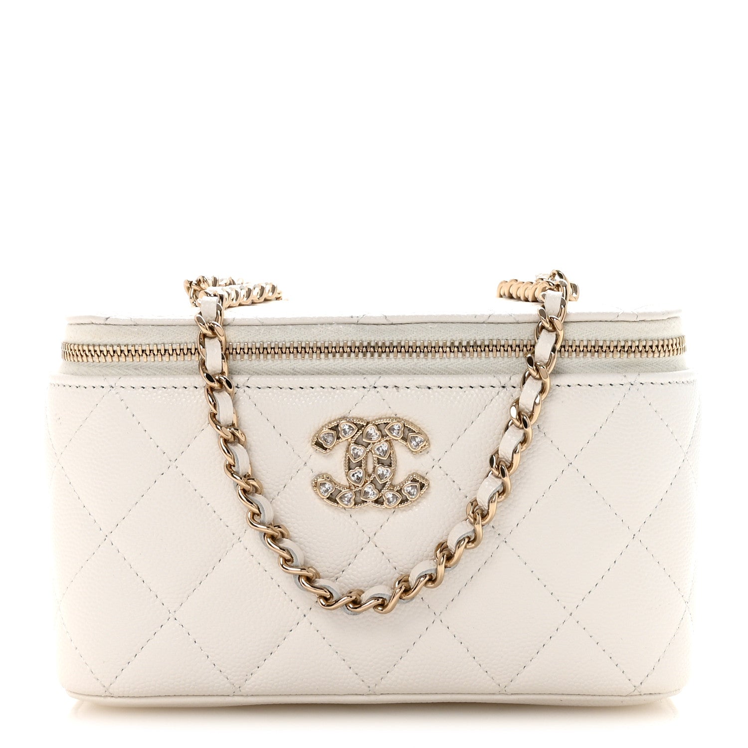 Chanel Caviar Quilted Crystal Hearts Small Vanity Case With Chain White