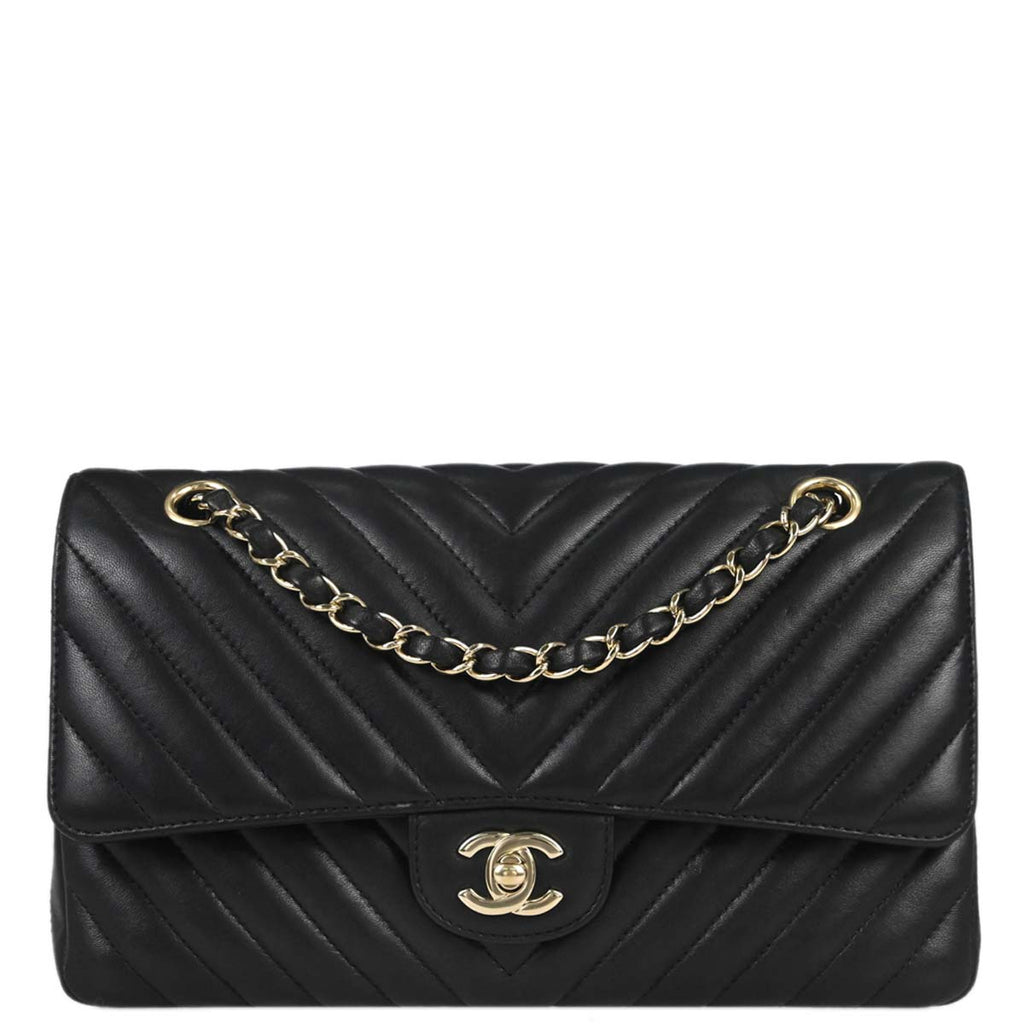 Chanel 2019 Black Lambskin Chevron Medium Classic Double Flap Shoulder Bag