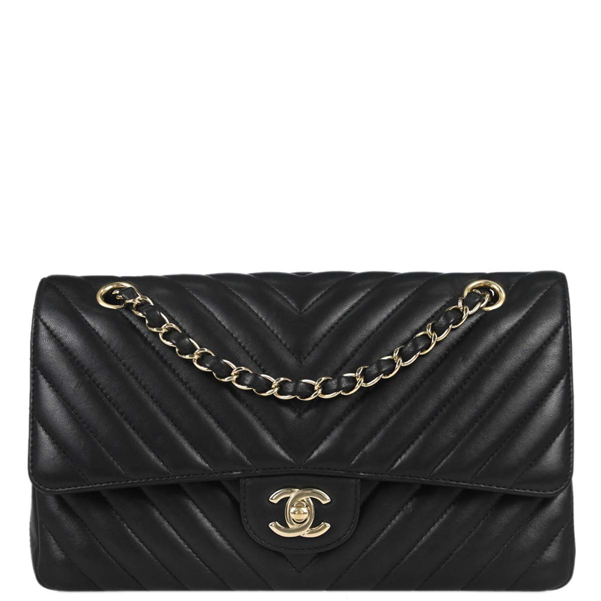 Chanel 2019 Black Lambskin Chevron Medium Classic Double Flap Shoulder Bag
