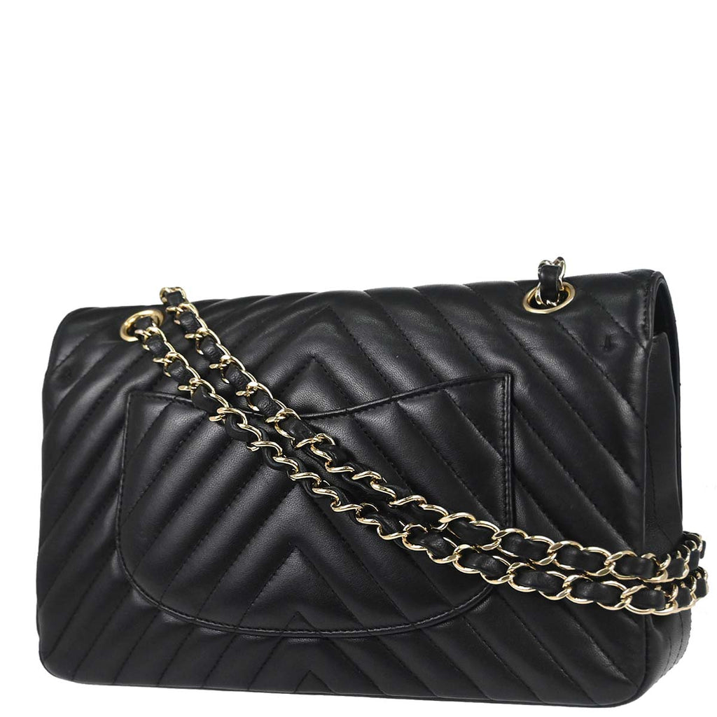 Chanel 2019 Black Lambskin Chevron Medium Classic Double Flap Shoulder Bag