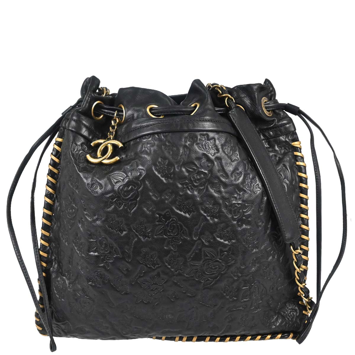 Chanel 2010-2011 Black Embossed Calfskin Icon Drawstring Bucket Shoulder Bag