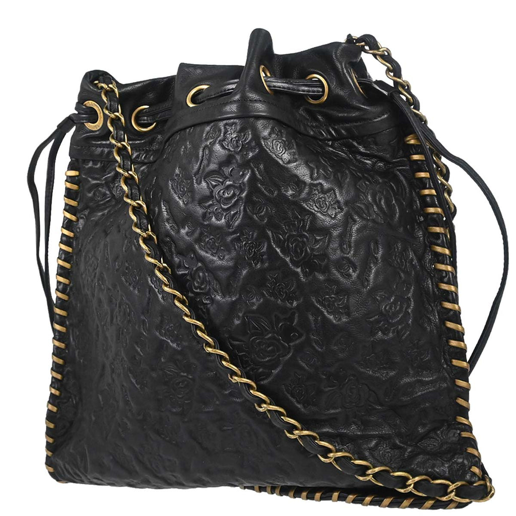 Chanel 2010-2011 Black Embossed Calfskin Icon Drawstring Bucket Shoulder Bag