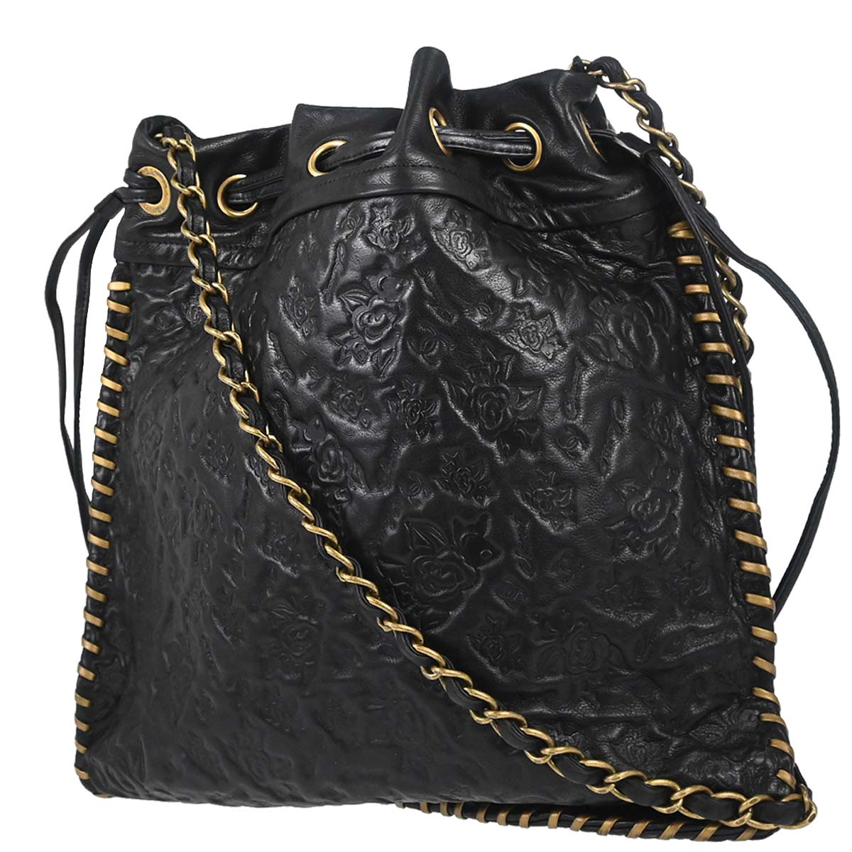 Chanel 2010-2011 Black Embossed Calfskin Icon Drawstring Bucket Shoulder Bag