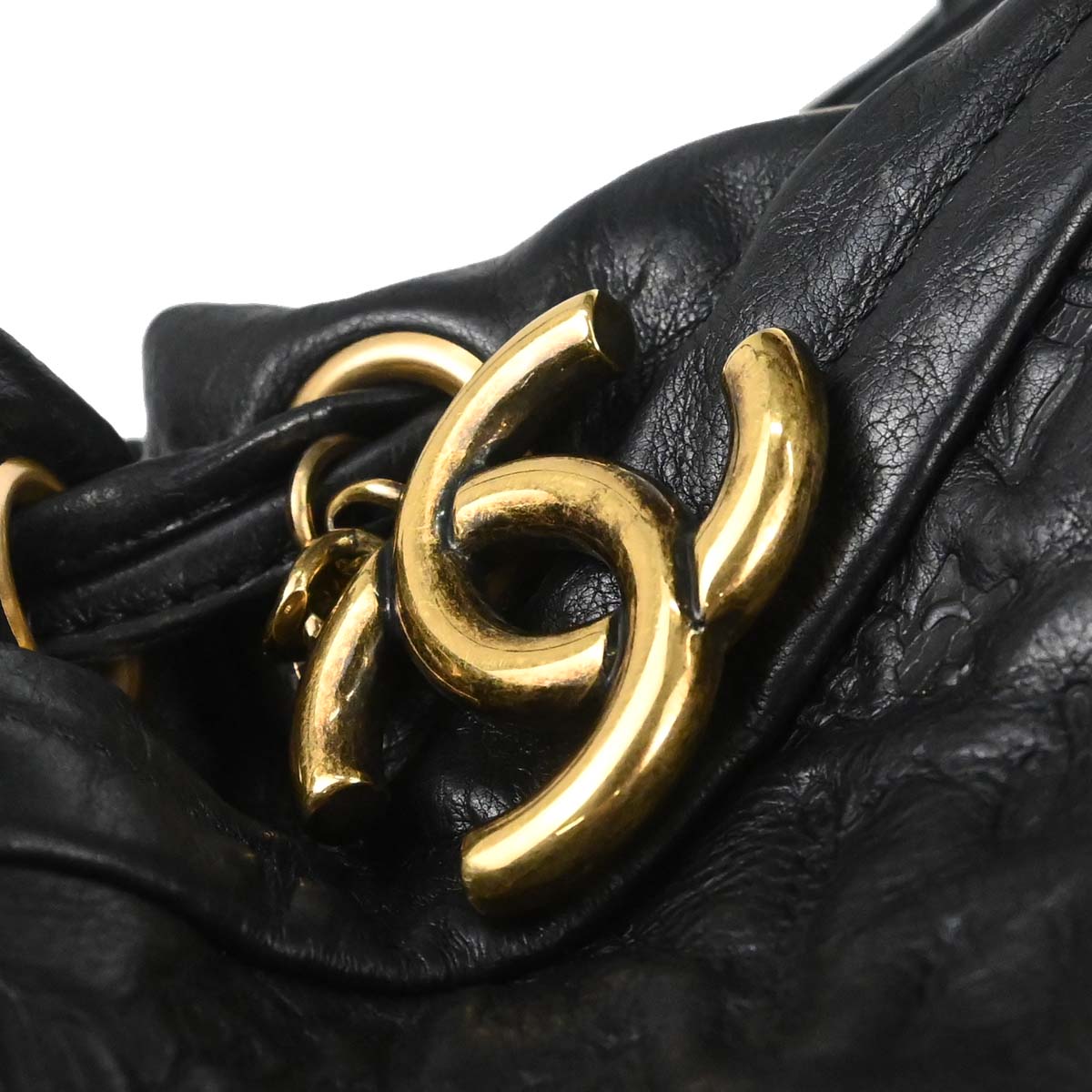 Chanel 2010-2011 Black Embossed Calfskin Icon Drawstring Bucket Shoulder Bag