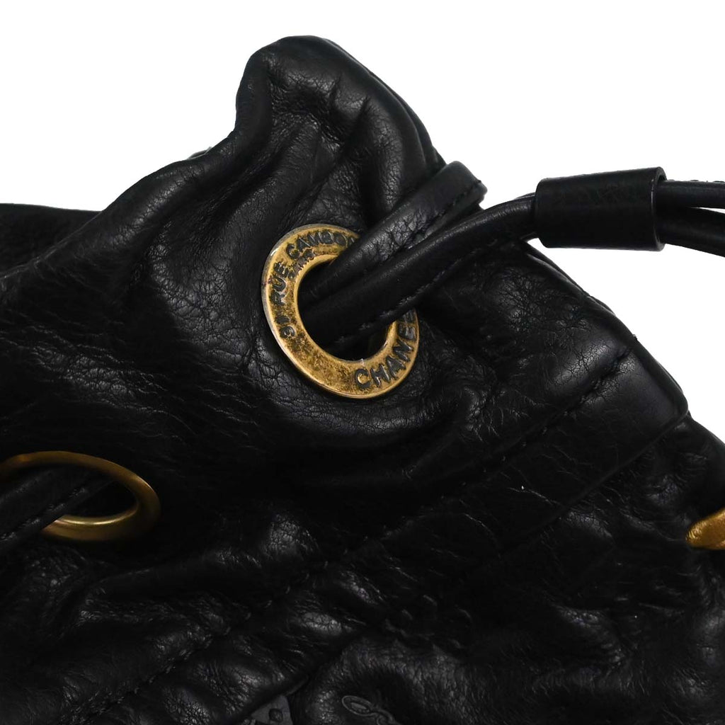 Chanel 2010-2011 Black Embossed Calfskin Icon Drawstring Bucket Shoulder Bag