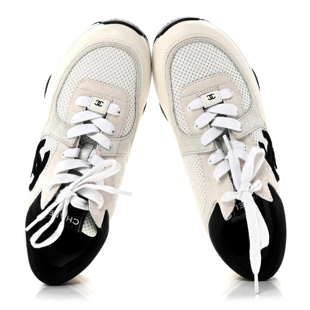 Mesh Suede Calfskin Grained Calfskin Womens CC Sneakers 38.5 White Black