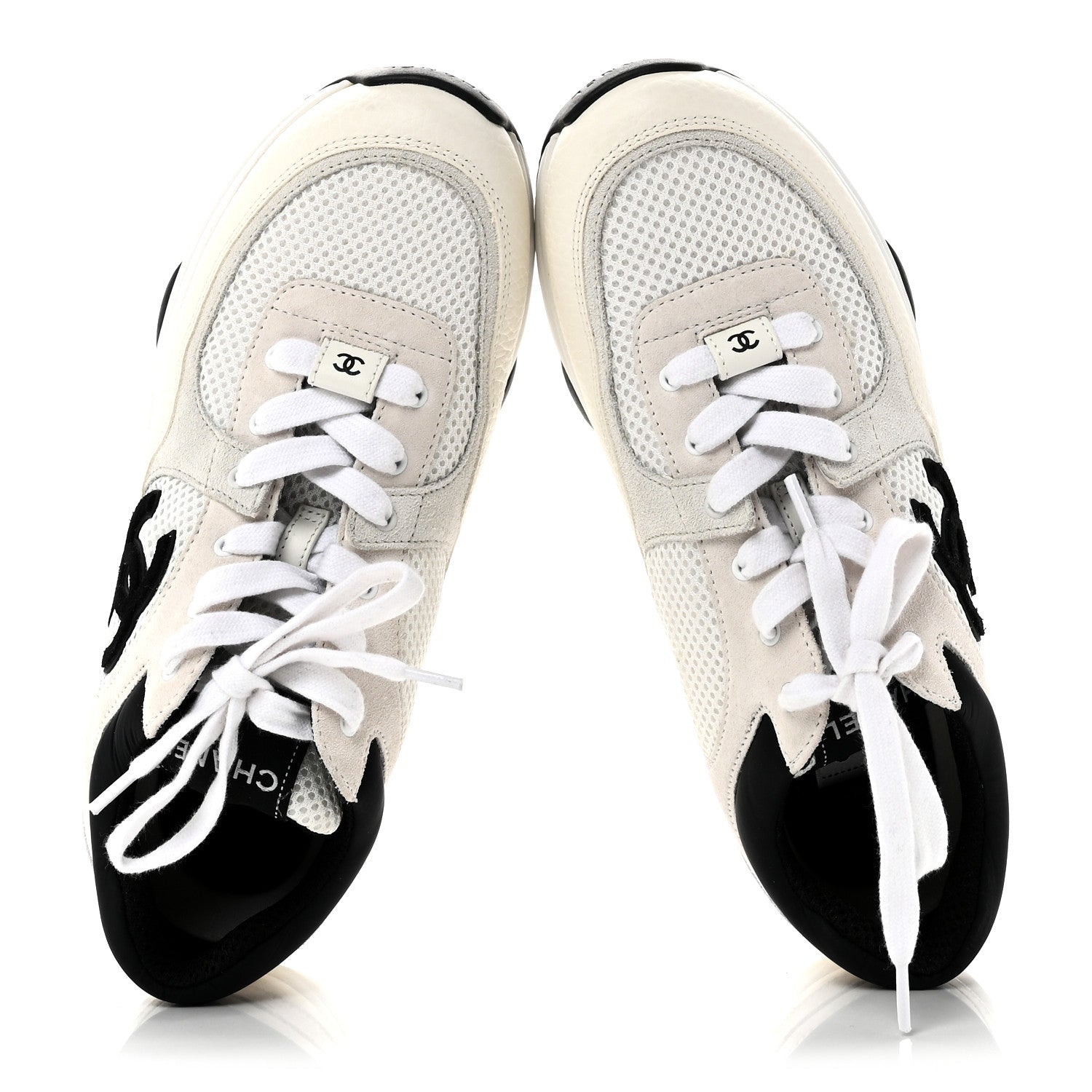 Mesh Suede Calfskin Grained Calfskin Womens CC Sneakers 38.5 White Black
