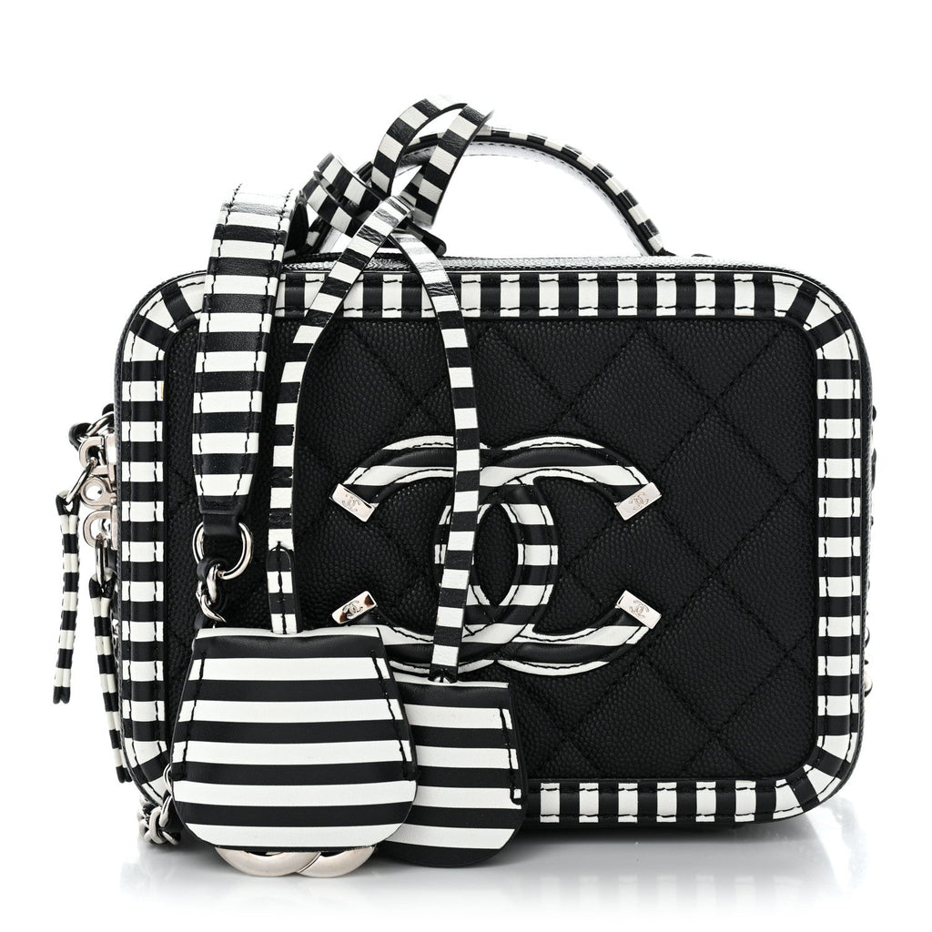 Chanel Caviar Quilted Striped Small CC Filigree Vanity Case Black White
