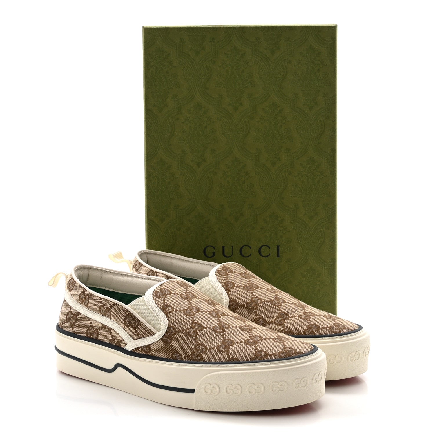 Gucci GG Monogram Womens 1977 Tennis Slip On 30mm Sneakers 38.5 Beige Ebony Mystic White