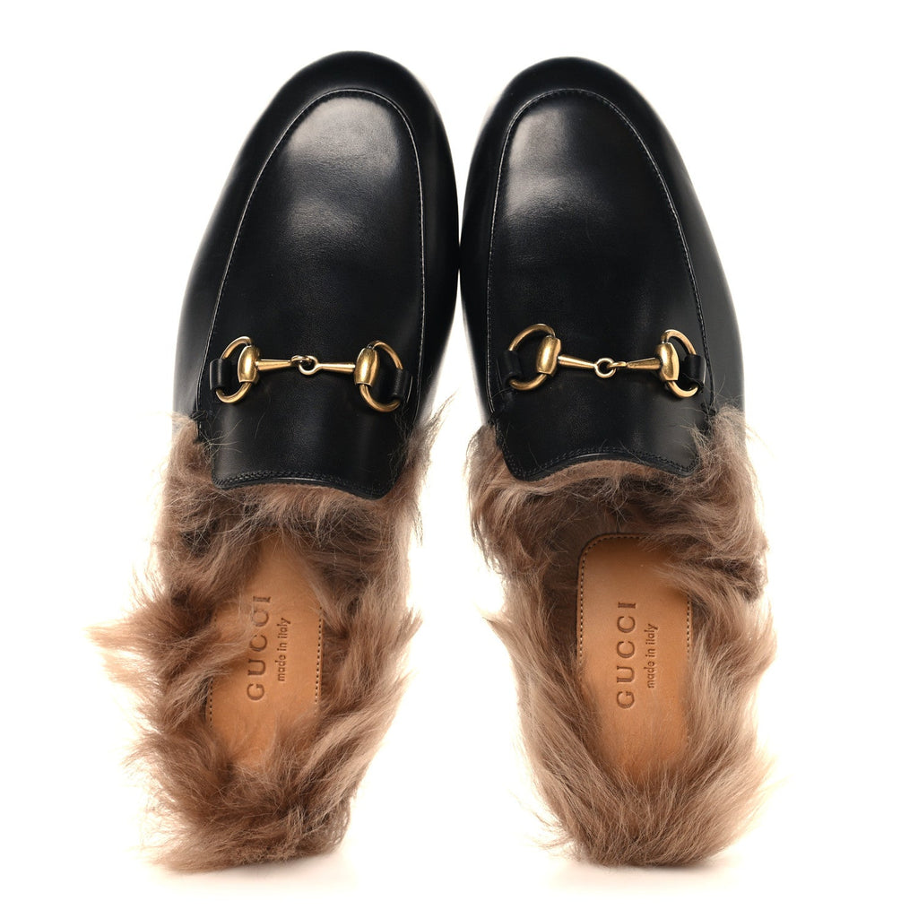 Gucci Calfskin Fur Womens Princetown Slippers 35 Black