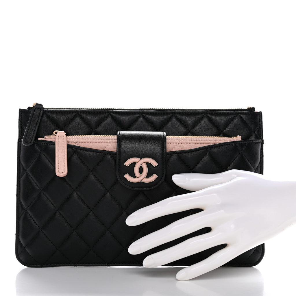 Lambskin Quilted Sunset Boulevard Pouch Case Black Pink