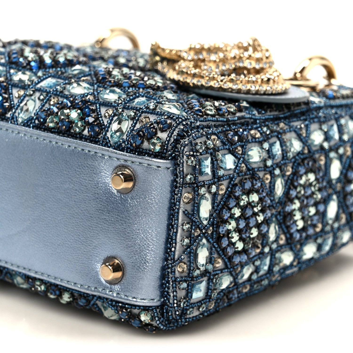 Christian Dior Metallic Calfskin Satin Celestial Bead Embroidery Cannage Mini Lady Dior Blue