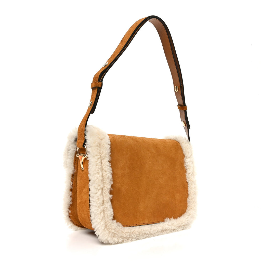 Gucci Suede Shearling Horsebit 1955 Shoulder Bag Honey Beige Milk