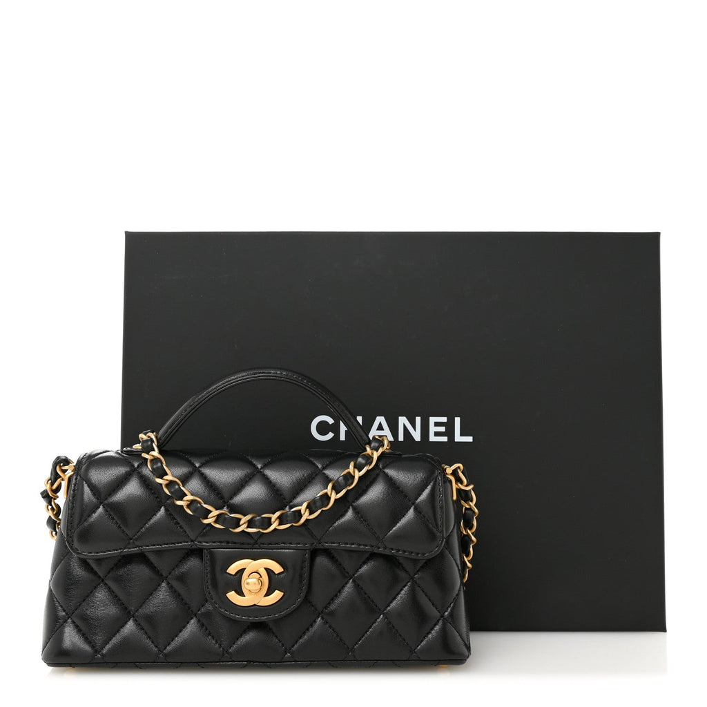 Chanel Lambskin Quilted Mini Flap Top Handle Bag Black