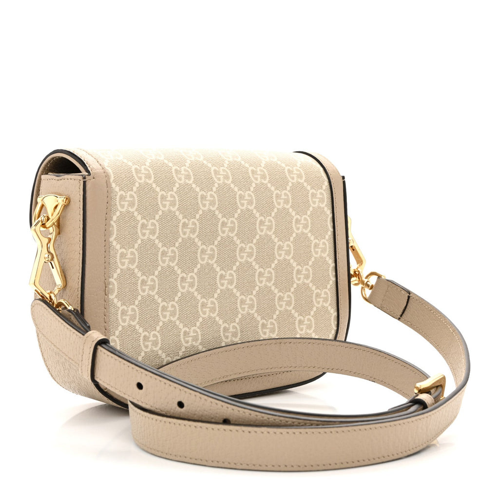 Gucci GG Supreme Monogram Textured Dollar Calfskin Web Mini Horsebit 1955 Shoulder Bag Beige Mystic White Oatmeal