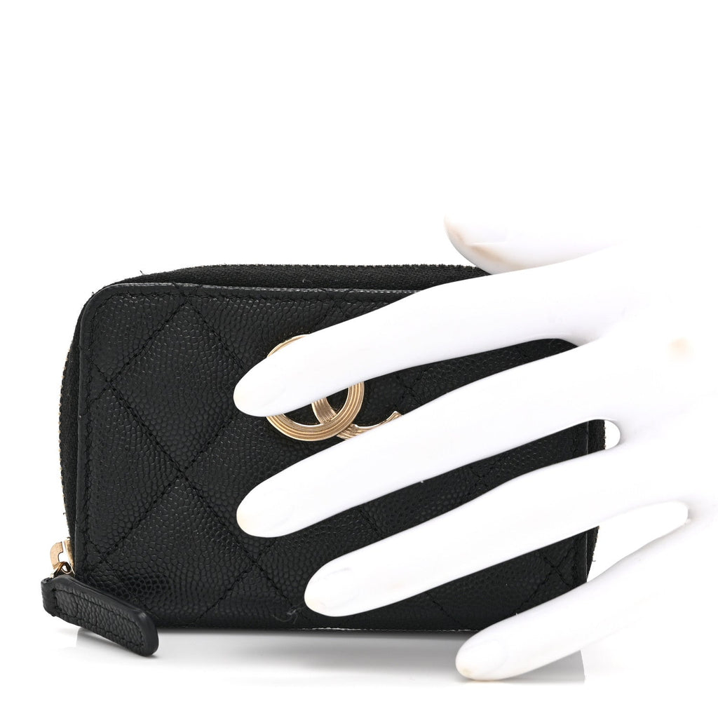 Caviar Quilted Striated CC Zip Coin Purse Black