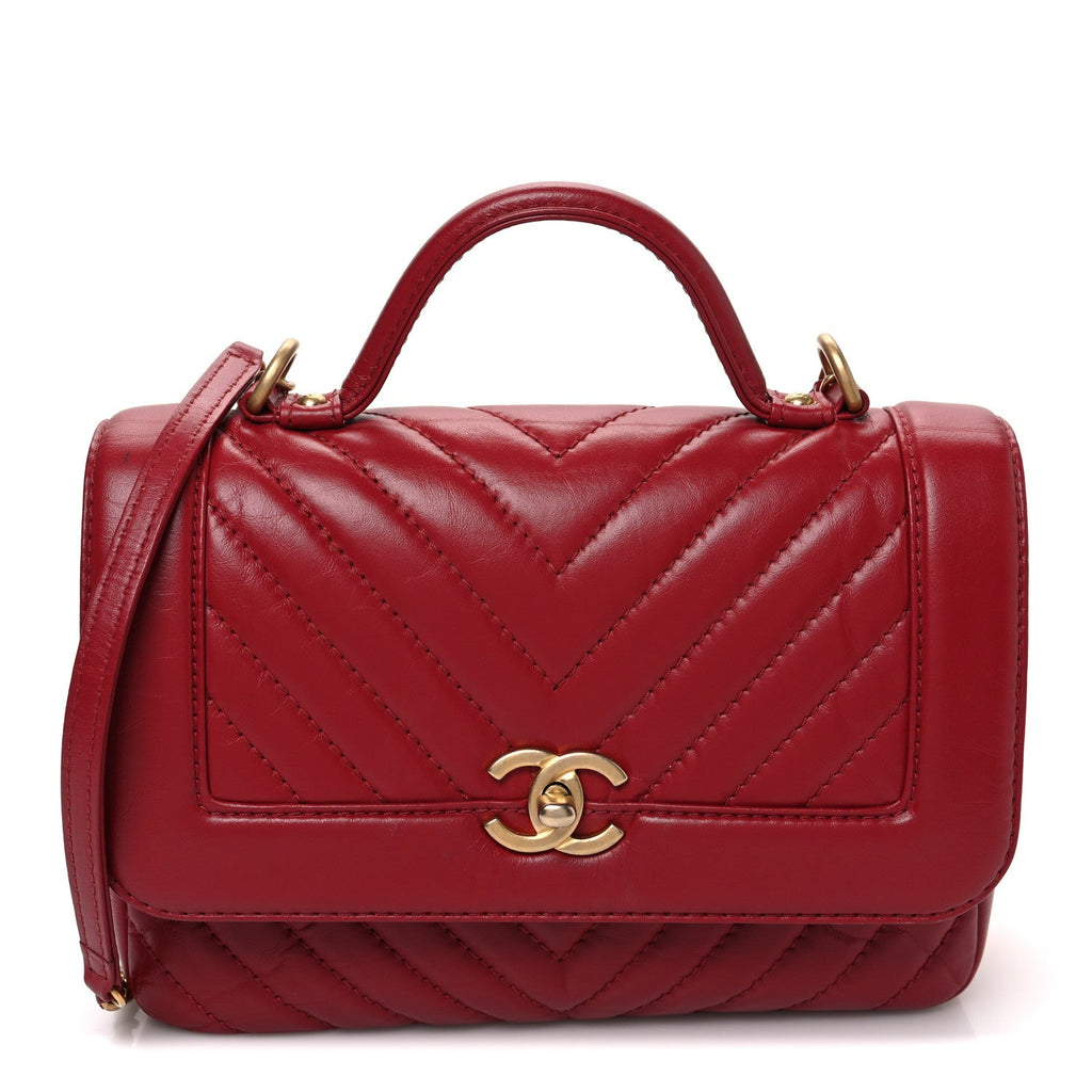 Chanel Calfskin Chevron Quilted Top Handle Flap Red