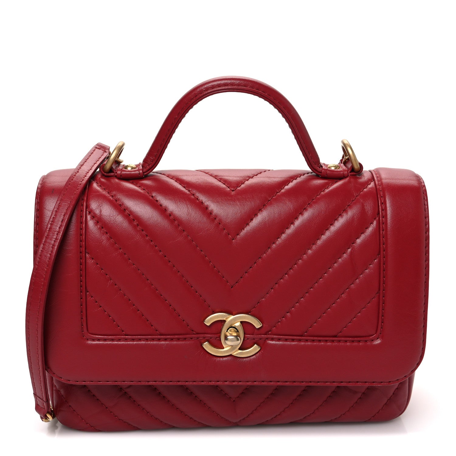 Chanel Calfskin Chevron Quilted Top Handle Flap Red