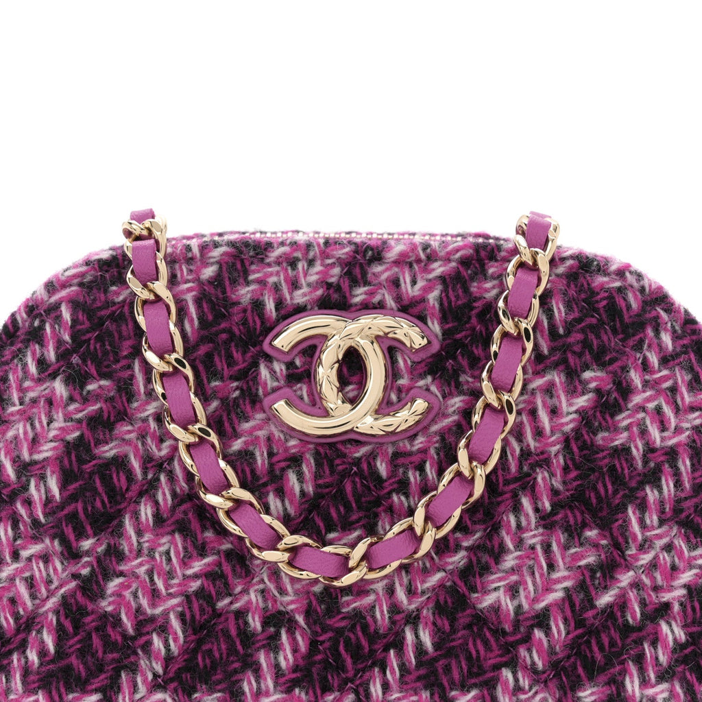 Chanel Tweed Quilted Mini Clutch With Chain Purple