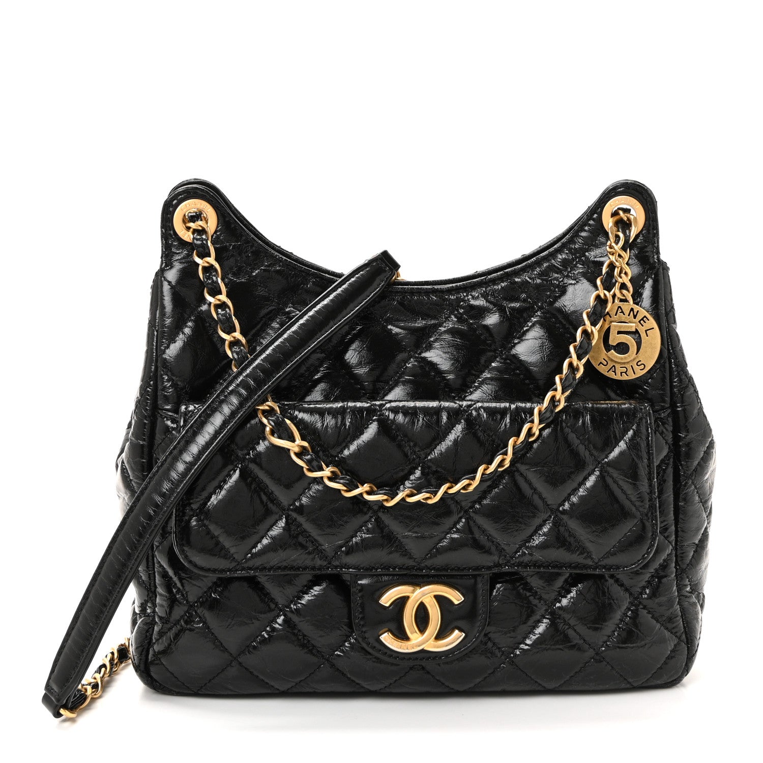 Chanel Shiny Crumpled Calfskin Quilted Wavy CC Hobo Black