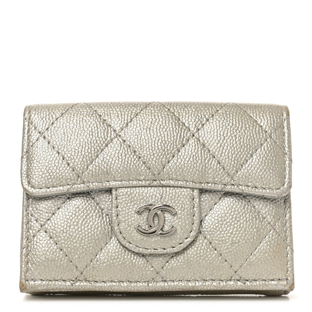 Metallic Caviar Quilted Double Flap Wallet Silver