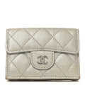 Metallic Caviar Quilted Double Flap Wallet Silver