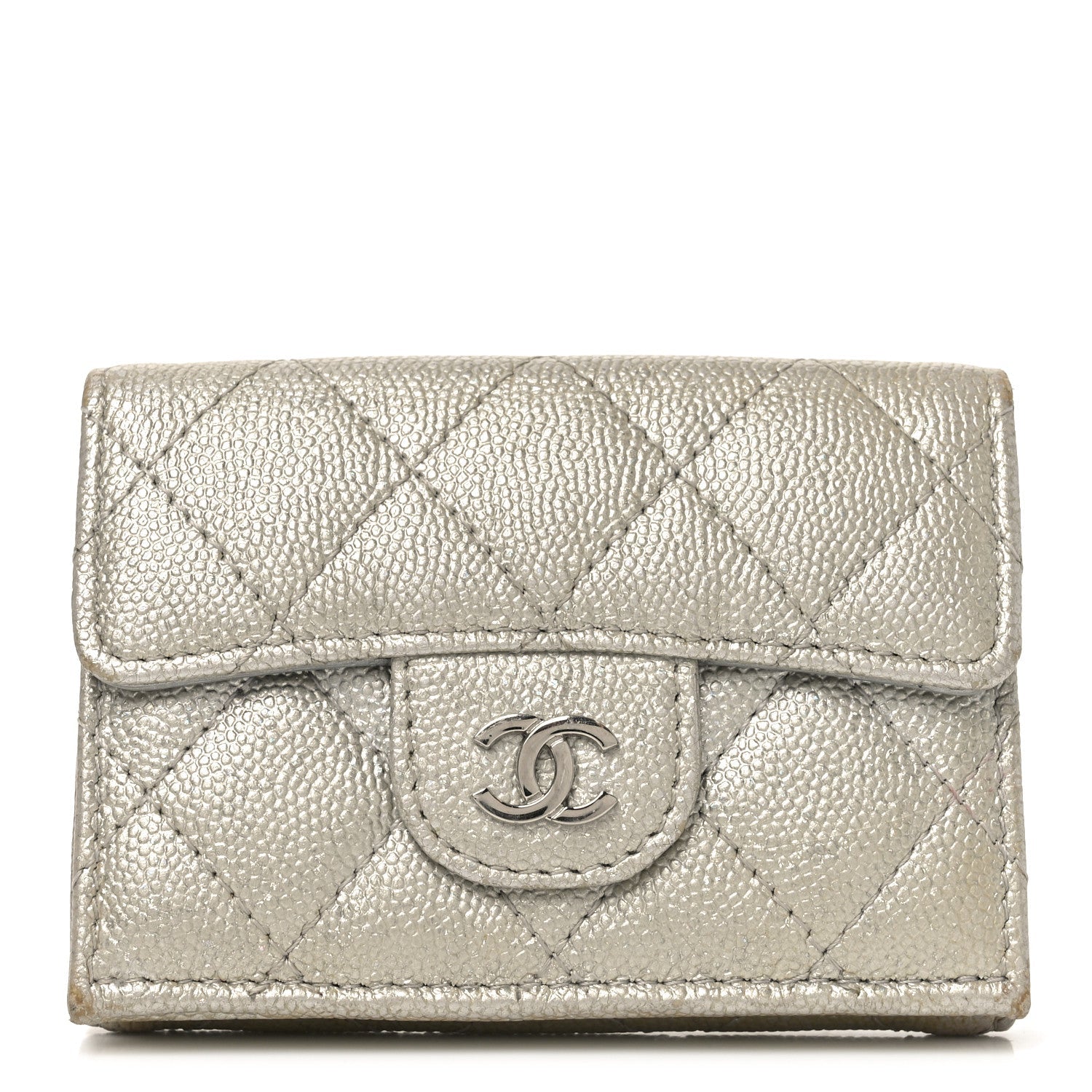 Metallic Caviar Quilted Double Flap Wallet Silver