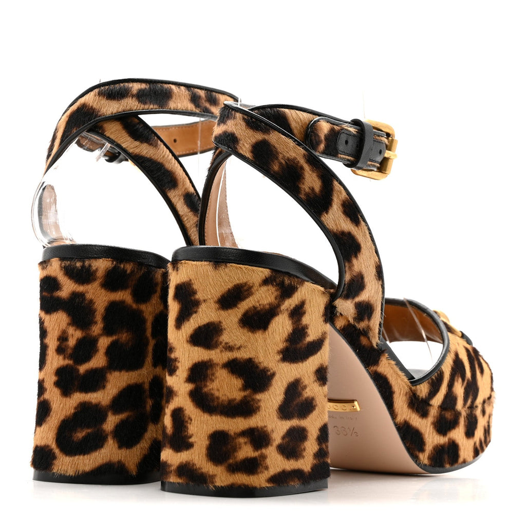 Gucci Calf Hair Leopard Print Horsebit 25/60mm Platform Sandals 36.5 Hazelnut Black