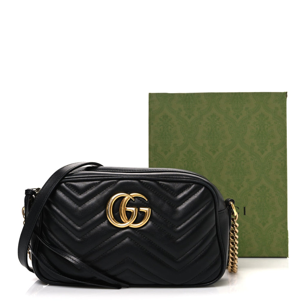 Gucci Calfskin Matelasse Small GG Marmont Chain Shoulder Bag Black