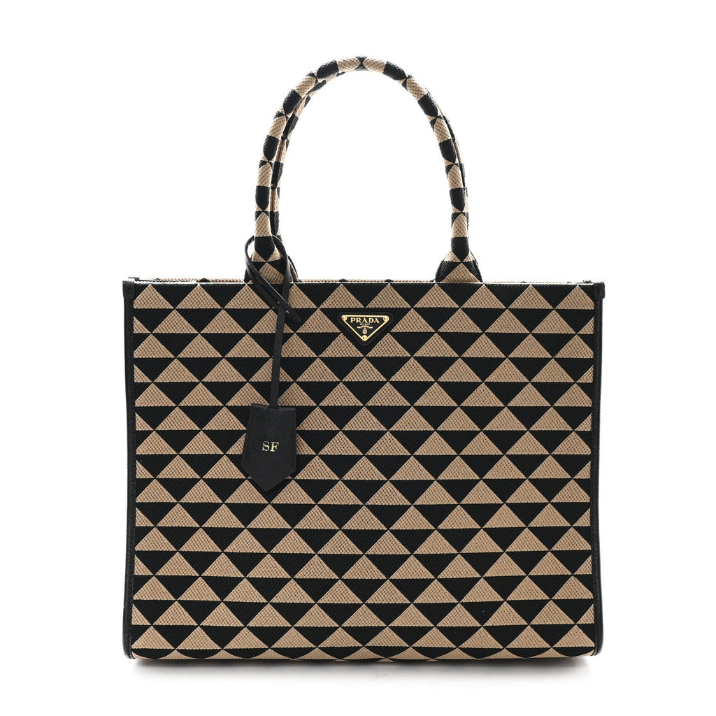 Prada Jacquard Saffiano Triangolo Symbole Embroidered Large Tote Black Corda
