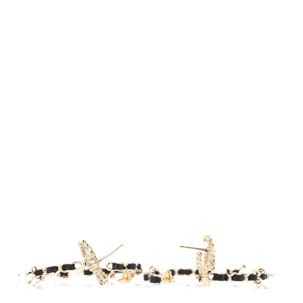 Lambskin Pearl Crystal CC Chain Hoop Earrings Gold Black