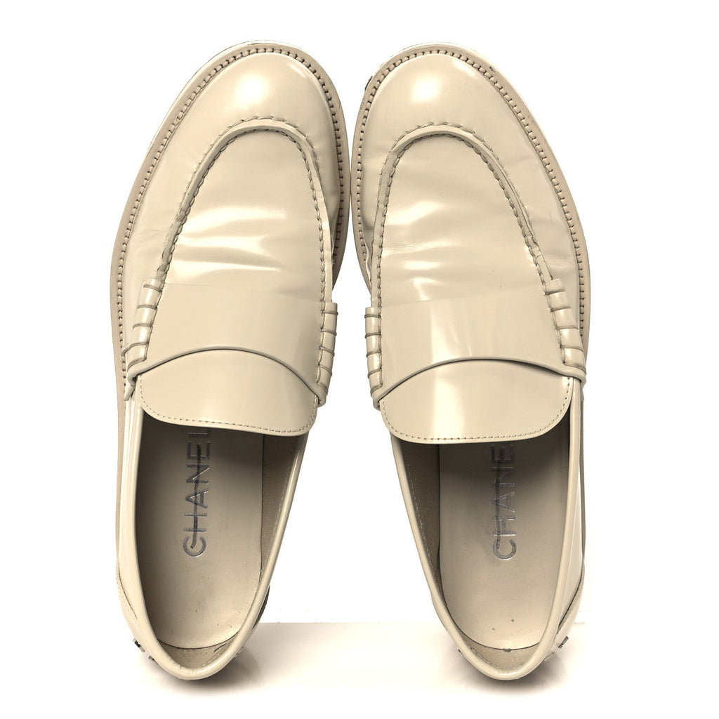 Chanel Shiny Calfskin Logo Loafers 38.5 Beige