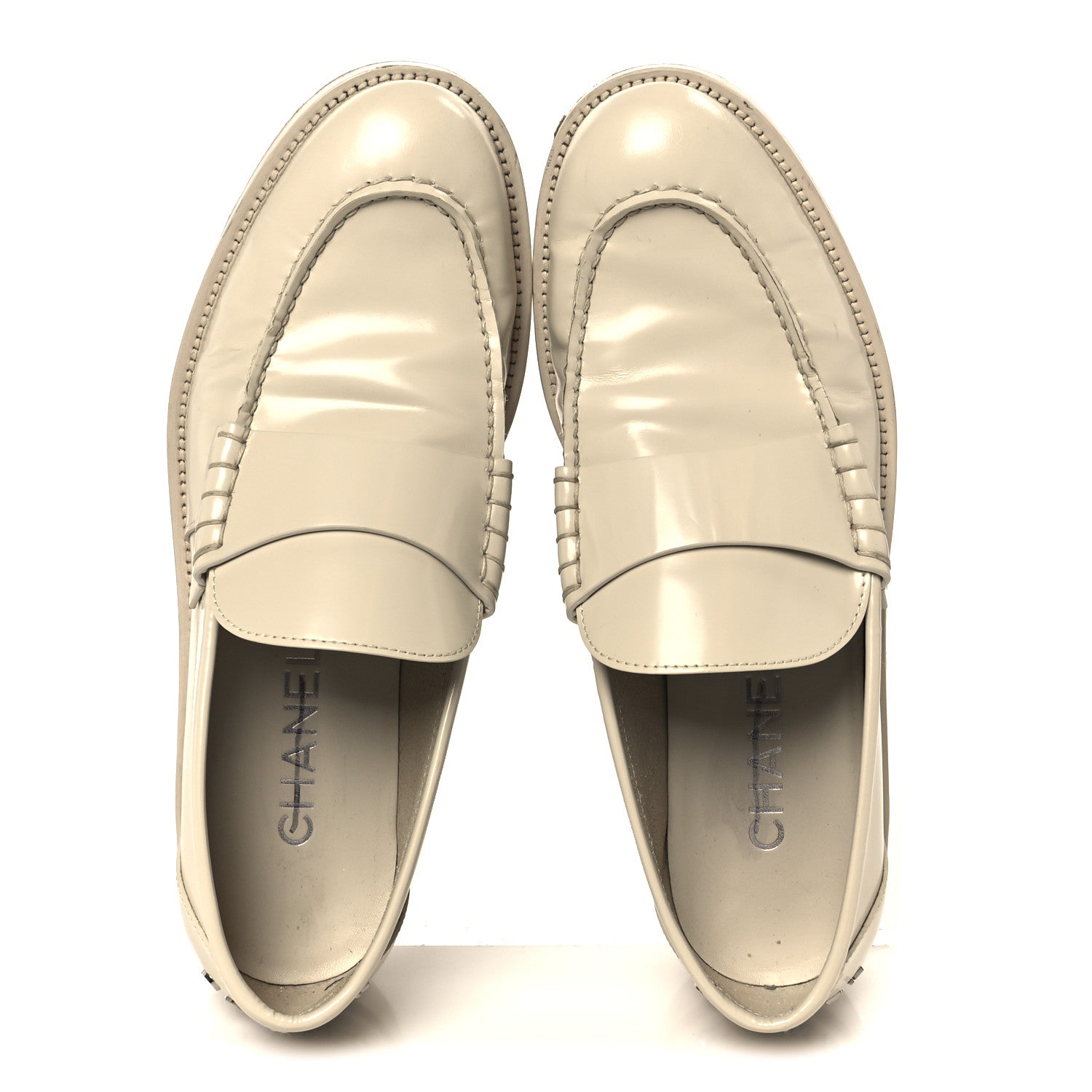 Chanel Shiny Calfskin Logo Loafers 38.5 Beige