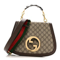 Gucci GG Supreme Monogram Textured Dollar Calfskin Web Medium Blondie Top Handle Shoulder Flap Bag Beige Ebony New Acero