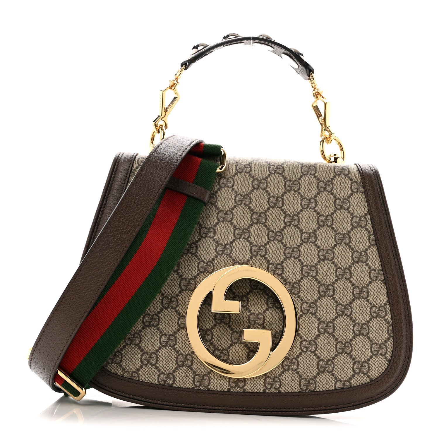 Gucci GG Supreme Monogram Textured Dollar Calfskin Web Medium Blondie Top Handle Shoulder Flap Bag Beige Ebony New Acero