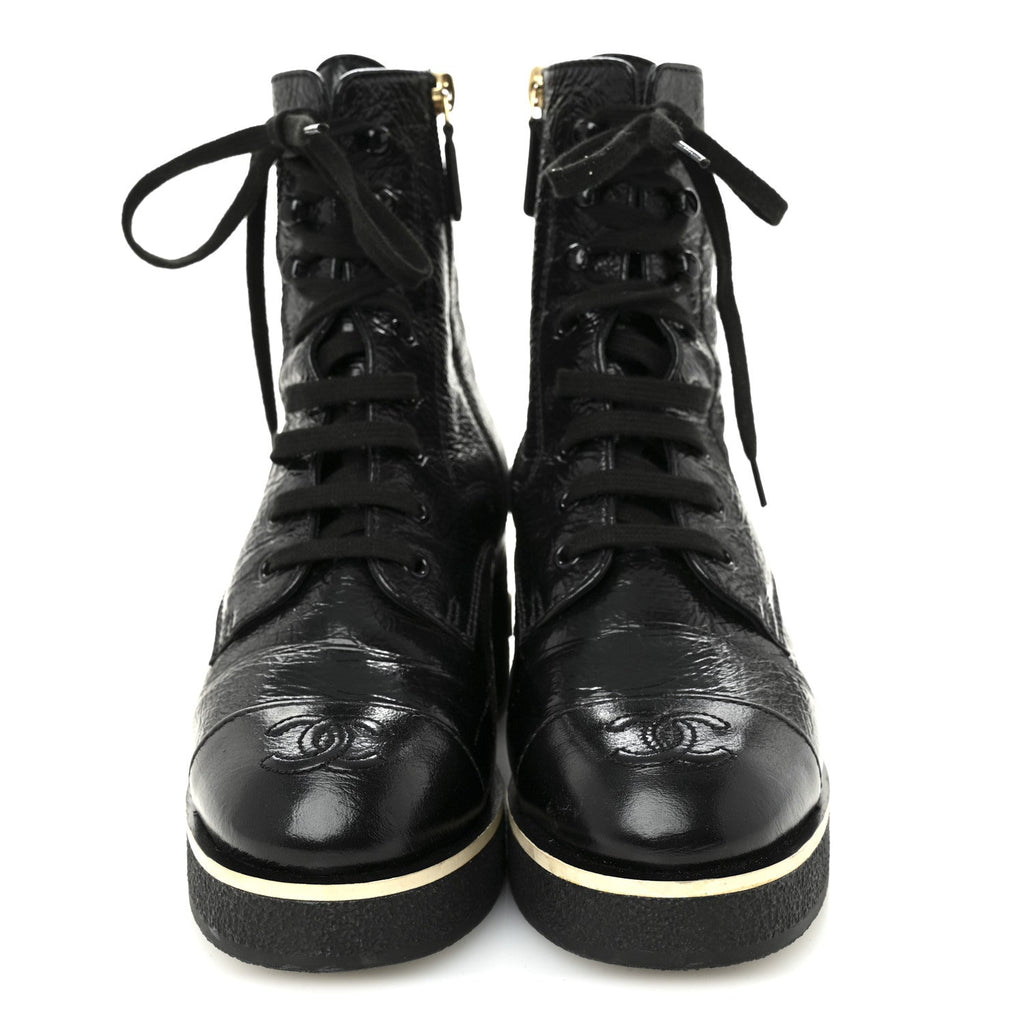 Chanel Shiny Crumpled Lambskin Lace Up Combat Boots 37 Black