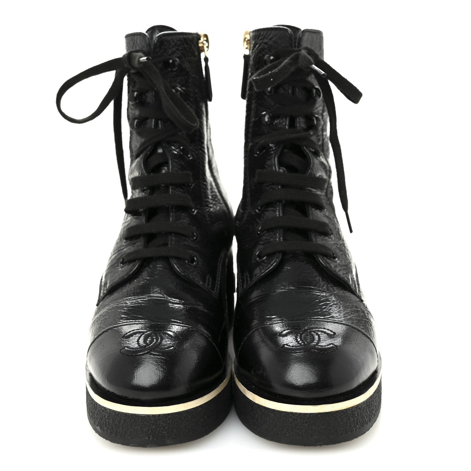Chanel Shiny Crumpled Lambskin Lace Up Combat Boots 37 Black
